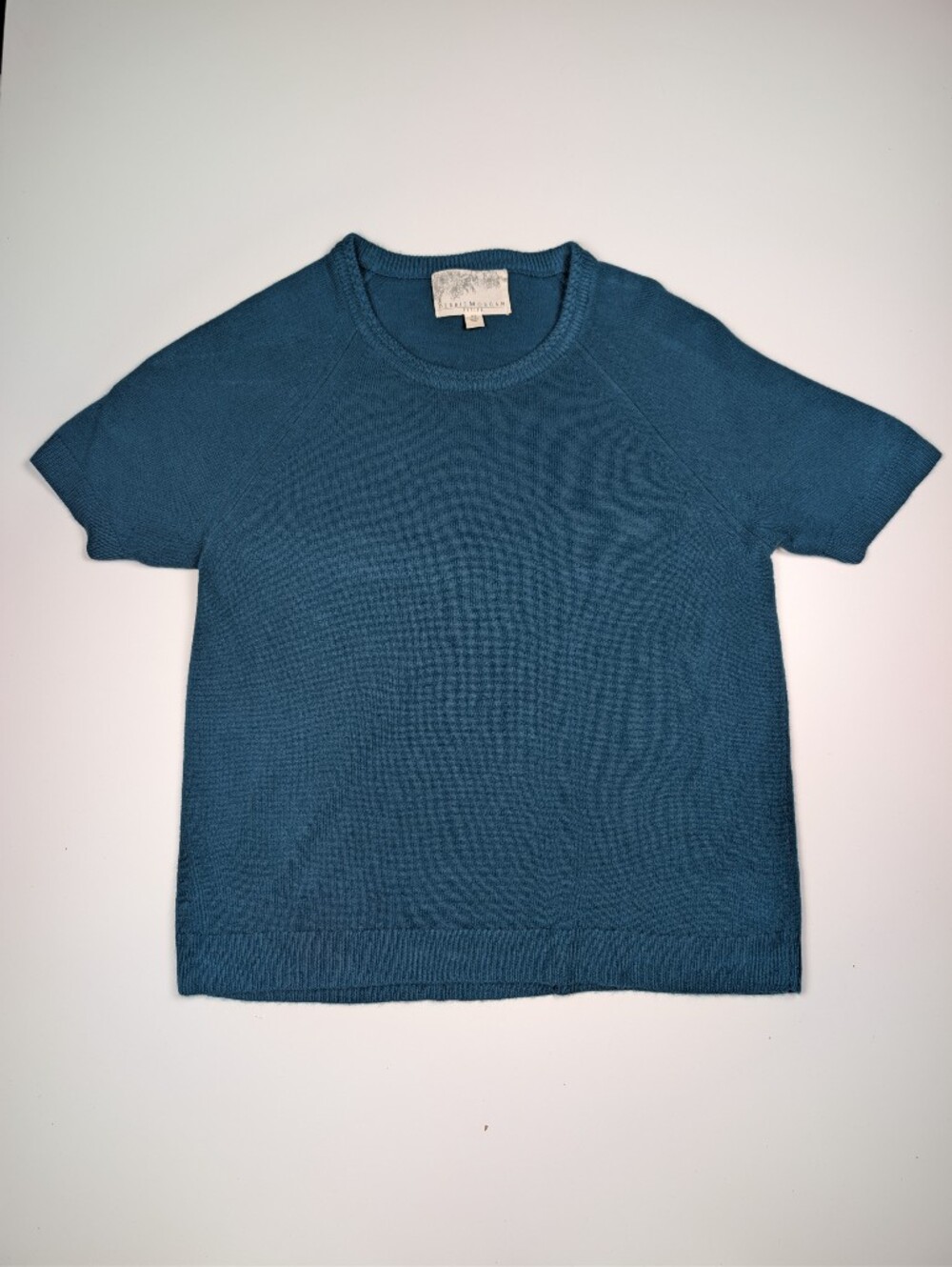 Debbie Morgan Petite Blue Short Sleeve Crewneck Sweater Soft Knit Minimalist